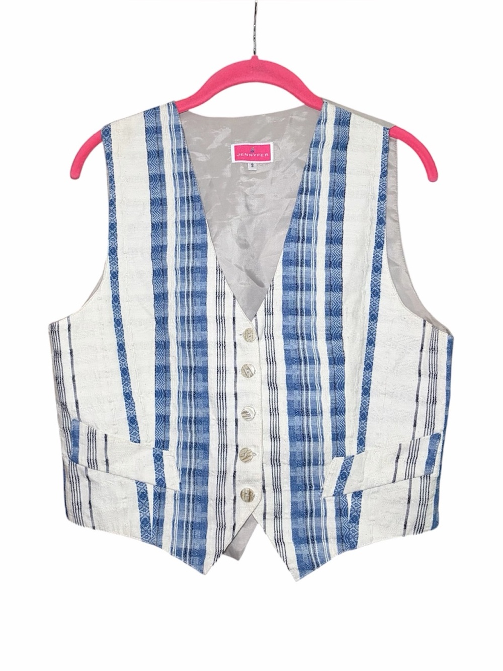 Vintage Blue Stripe Coo Linen Blend Vest Coastal Grandmother Cottagecore Size 2